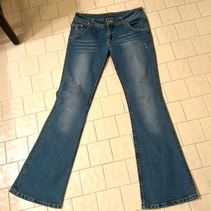 Hudson low waisted, distressed flare leg jeans